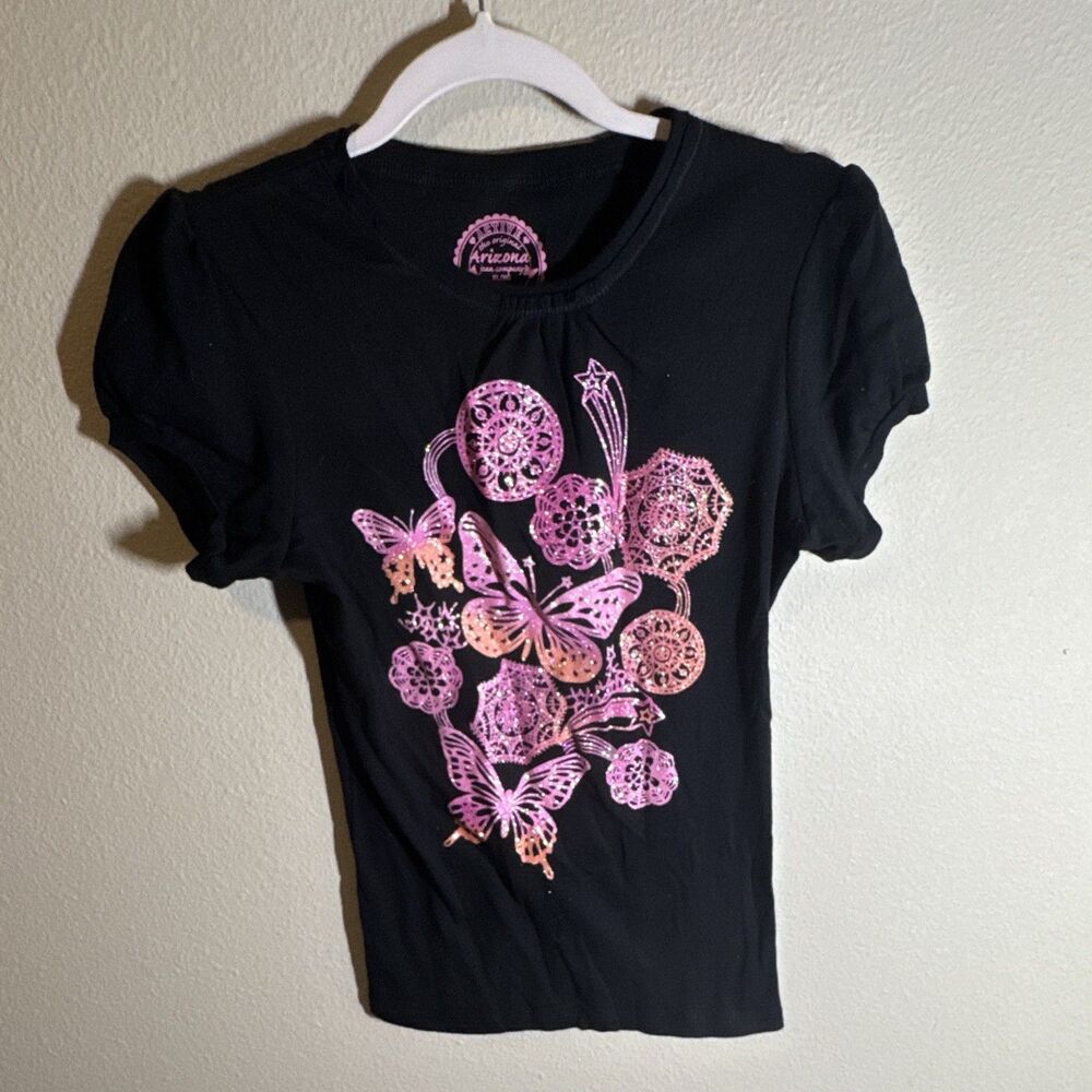 Arizona Jean Company Girls Black Pink Butterfly Graphic Glitter Tee XL (14-16)